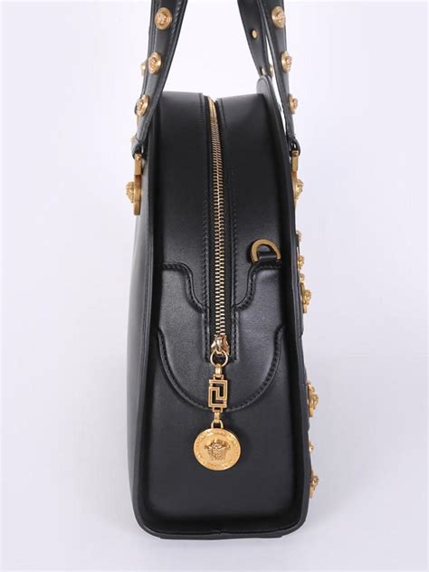 versace collection chain and medalion leather tote|Versace black tote.